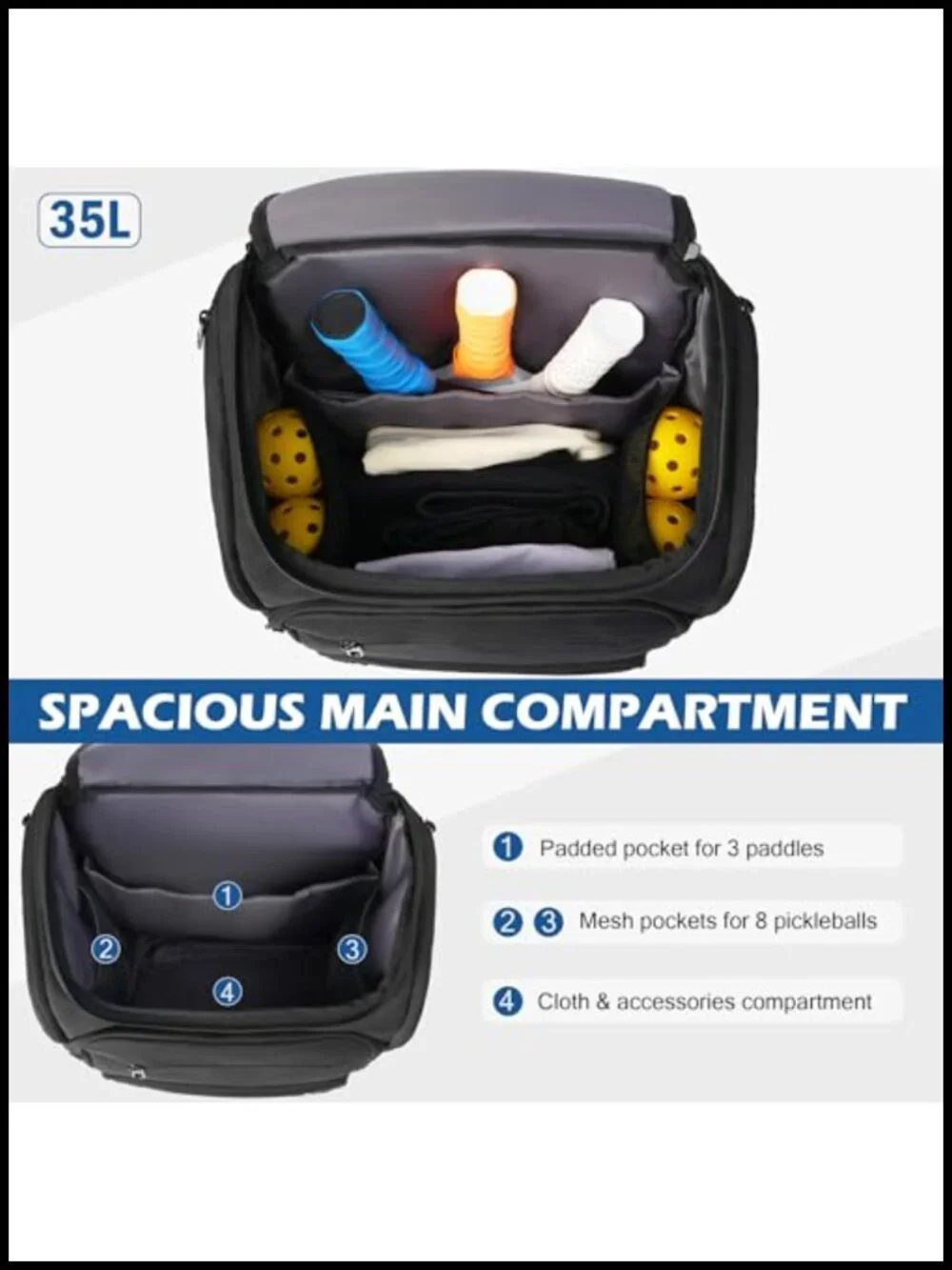 Large Pickleball Backpack Fits 5+ Paddles with Shoe Pocket